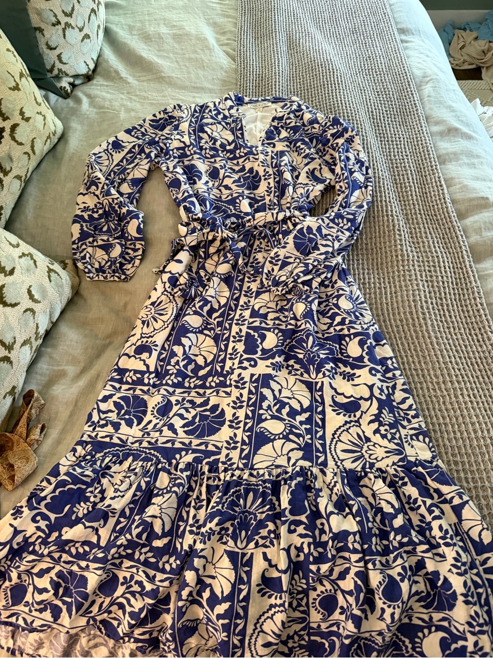 She + Sky Blue and White Floral Long Sleeve Maxi Dress